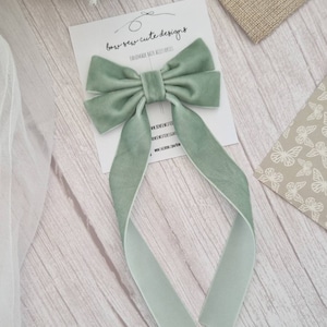 Sage green velvet ribbon bow, adult hair accessories, velvet hair ribbon, long tail hair bow, wedding accessories image 3