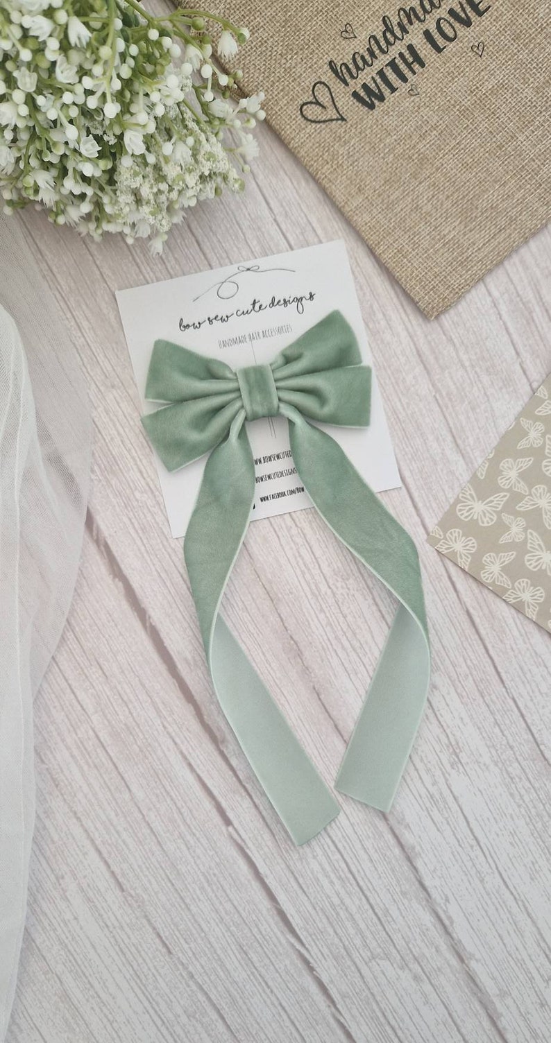 Sage green velvet ribbon bow, adult hair accessories, velvet hair ribbon, long tail hair bow, wedding accessories image 3