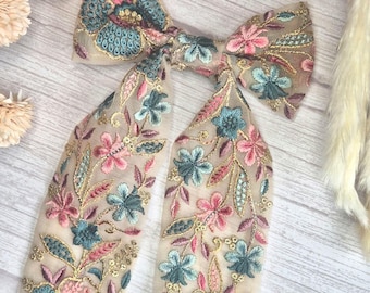 Floral Embroidered Hair Bow, Sheer Pink and Blue Floral Long Tail Hair Accessory, Handmade Vintage Style Hair Clip