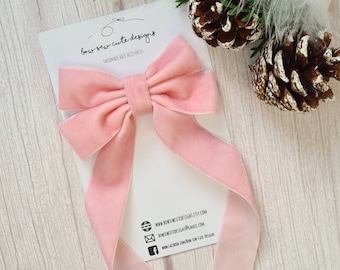 Baby Pink Long Tail Velvet Ribbon Bow • Velvet Hair Bow on Alligator Clip • Adult & Kids Hair Accessory