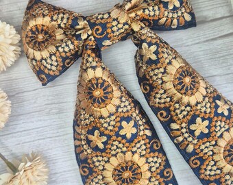 Floral Embroidered Hair Bow, Navy and Gold Long Tail Hair Accessory, Handmade Vintage Style Hair Clip