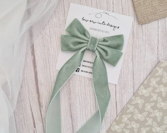 Sage green velvet ribbon bow, pastel green adult hair accessories, velvet hair ribbon, long tail hair bow, wedding accessories