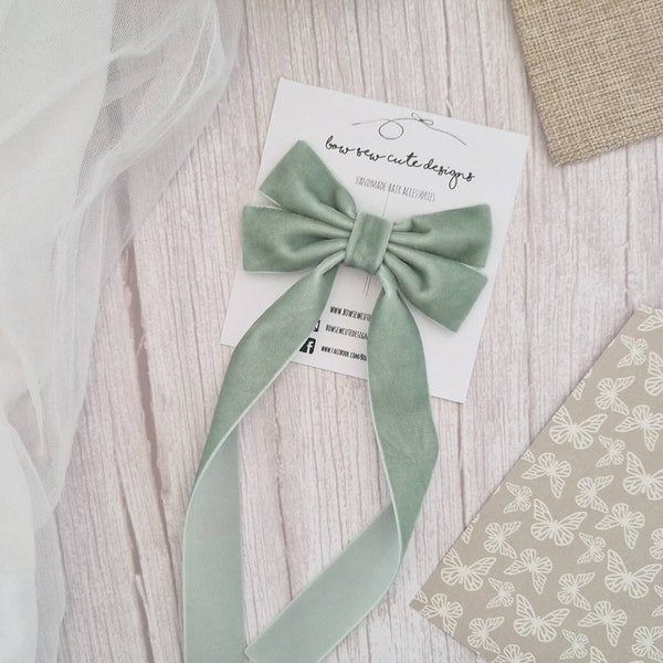 Sage green velvet ribbon bow, adult hair accessories, velvet hair ribbon, long tail hair bow, wedding accessories