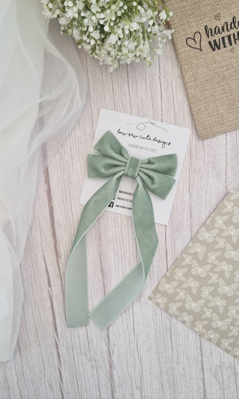 Sage green velvet ribbon bow, adult hair accessories, velvet hair ribbon, long tail hair bow, wedding accessories image 1