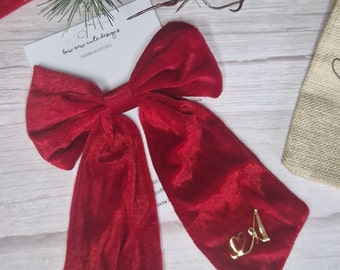 Oversized personalised red velvet bow, Christmas velvet hair clip personalised,  XL velvet bow with initial