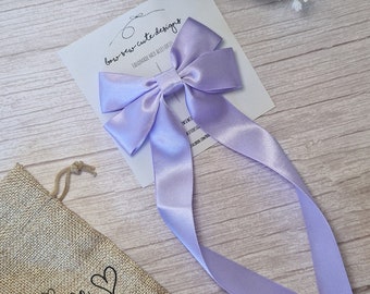 Pale purple long tail satin ribbon bow, lavender adult hair accessories, wedding hair bow barrette