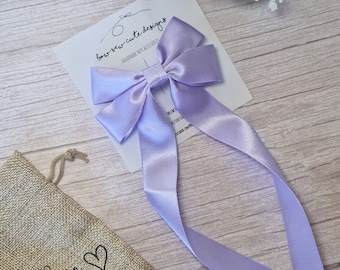 Pale purple long tail satin ribbon bow, lavender adult hair accessories, lilac wedding hair bow barrette