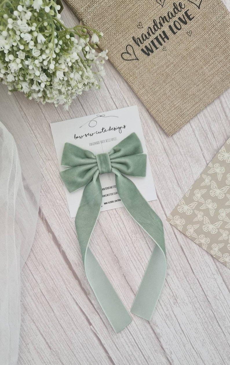 Sage green velvet ribbon bow, adult hair accessories, velvet hair ribbon, long tail hair bow, wedding accessories image 2