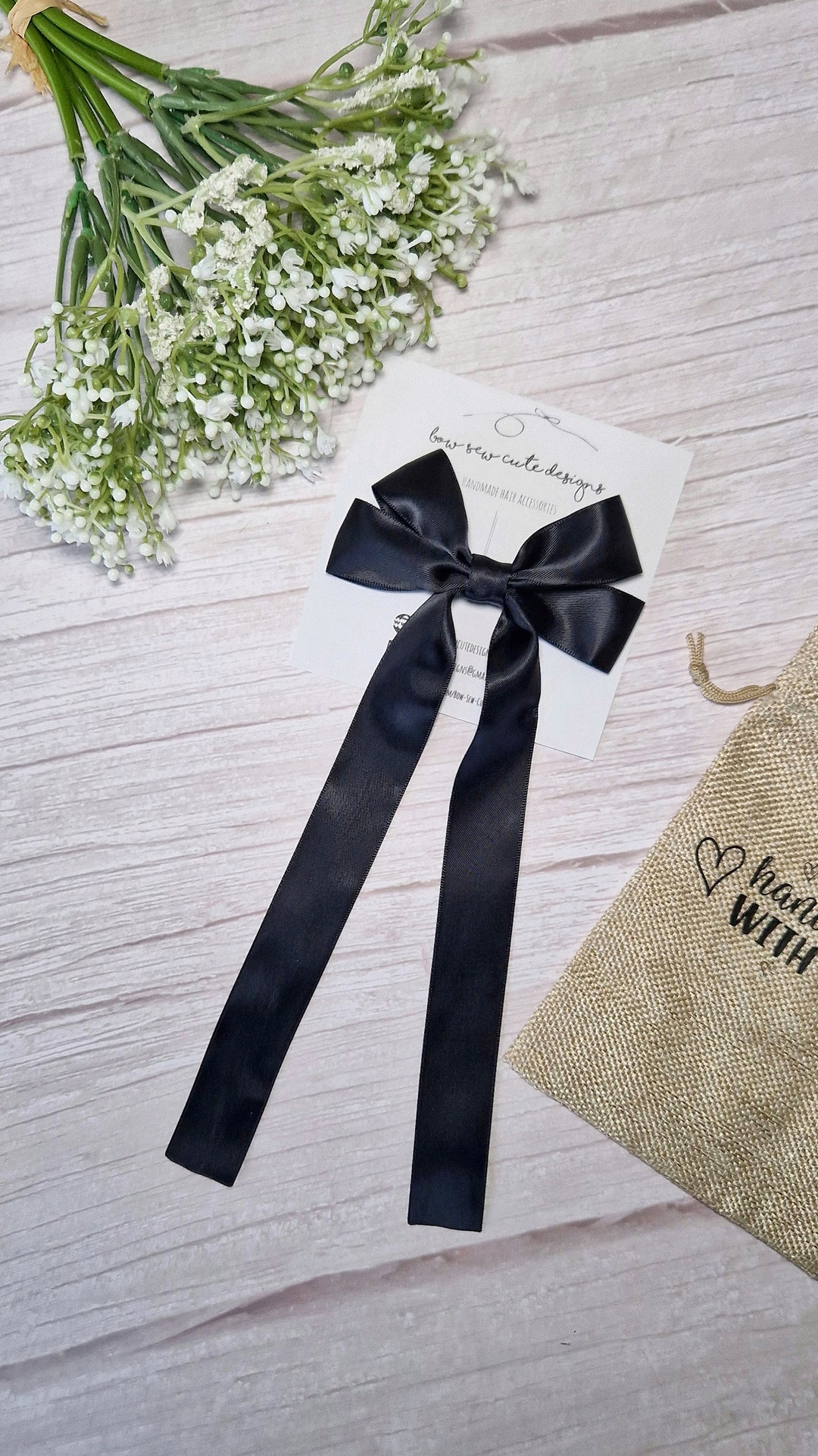 Black Long Tail Satin Ribbon Bow, Adult Hair Accessories, Satin Ribbon ...