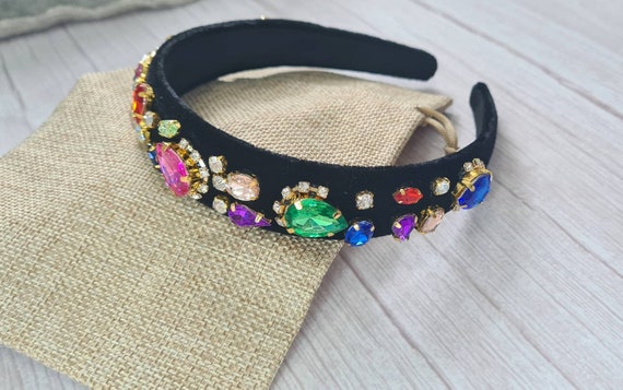 Black Velvet headband with Multicolor Gemstones Black Velvet Headband Colored Heart Flower Gemstone  main image 4