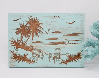 Escena de playa 5x7, 8x12, 10x15, 15x22, 20x30, 24x36 Signo de madera grabada