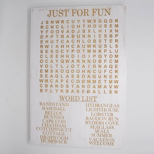 Custom Word Search Puzzle 10x15, 15x22, 20x30, 24x36 Engraved Wood Sign
