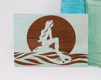 Mermaid Sunset 5x7, 8x12, 10x15, 15x22, 20x30, 24x36 Engraved Wood Sign