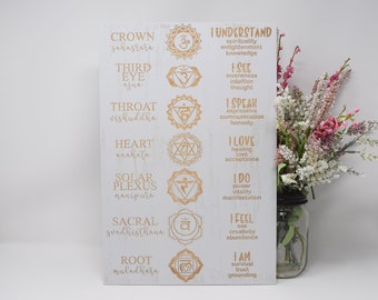 May include: A white wooden sign with gold text and symbols depicting the seven chakras. Each chakra is labeled with its Sanskrit name and a corresponding affirmation. For example, the root chakra is labeled "muladhara" and the affirmation is "I AM survival, trust, grounding".