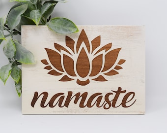 Namaste Lotus 5x7, 8x12, 10x15, 15x22, 20x30, 24x36 Engraved Wood Sign