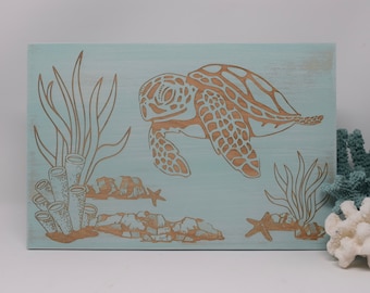 Sea turtle swimming in ocean 5x7, 8x12, 10x15, 15x22, 20x30, 24x36 Engraved Wood Sign