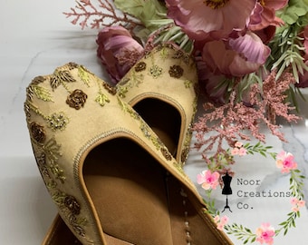 Gold Floral Embroidered Juttis, Leather Insole, US Size [5-11]