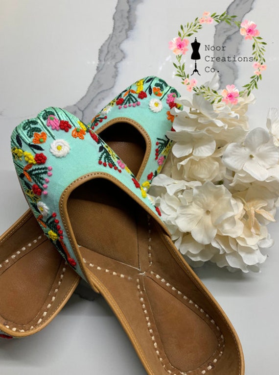 Floral Embroidered Jutti Shoes: Sky Garden, Leather Insoles