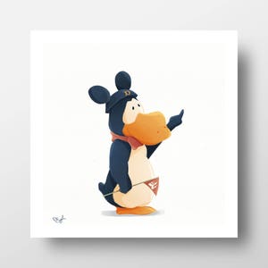 May include: A cartoon penguin wearing a blue hat with a white "D" on it. The penguin has a black and white body, orange beak, and red scarf. It is holding a small orange flag with a white "E" on it.