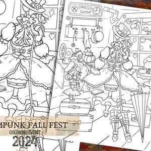 May include: A black and white line art illustration of a steampunk-themed fall festival. The image features three figures wearing dresses and hats, a sewing machine, a pumpkin, and suitcases. The text "STEAMPUNK FALL FEST COLORING EVENT 2022" is at the bottom of the image.