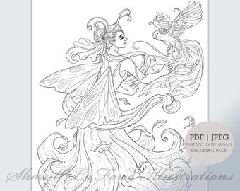 Wind Fairy | Fantasy Coloring Page | Downloadable | Printable