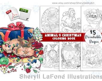 Animal's Christmas  Coloring Book (15 Printable Illustrations)