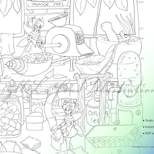 Op de afbeelding: Een zwart-witte lijntekening van een feeën-theehuis met verschillende ingrediënten en gereedschappen. Het theehuis heeft een vijzel en stamper, een molen, potten thee en een fee met vleugels.