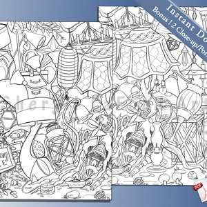 May include: Detailed black and white line drawing featuring a variety of lamps, lanterns, and lighting designs. The image includes the text "Lighting Place" on a sign and "Instant Download Bonus! 2 Close-up/Portrait Version".