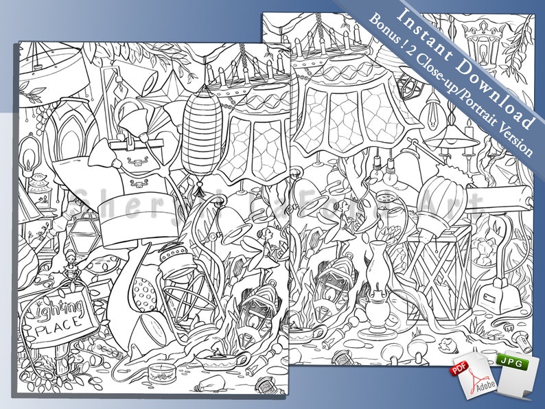May include: Detailed black and white line drawing featuring a variety of lamps, lanterns, and lighting designs. The image includes the text "Lighting Place" on a sign and "Instant Download Bonus! 2 Close-up/Portrait Version".