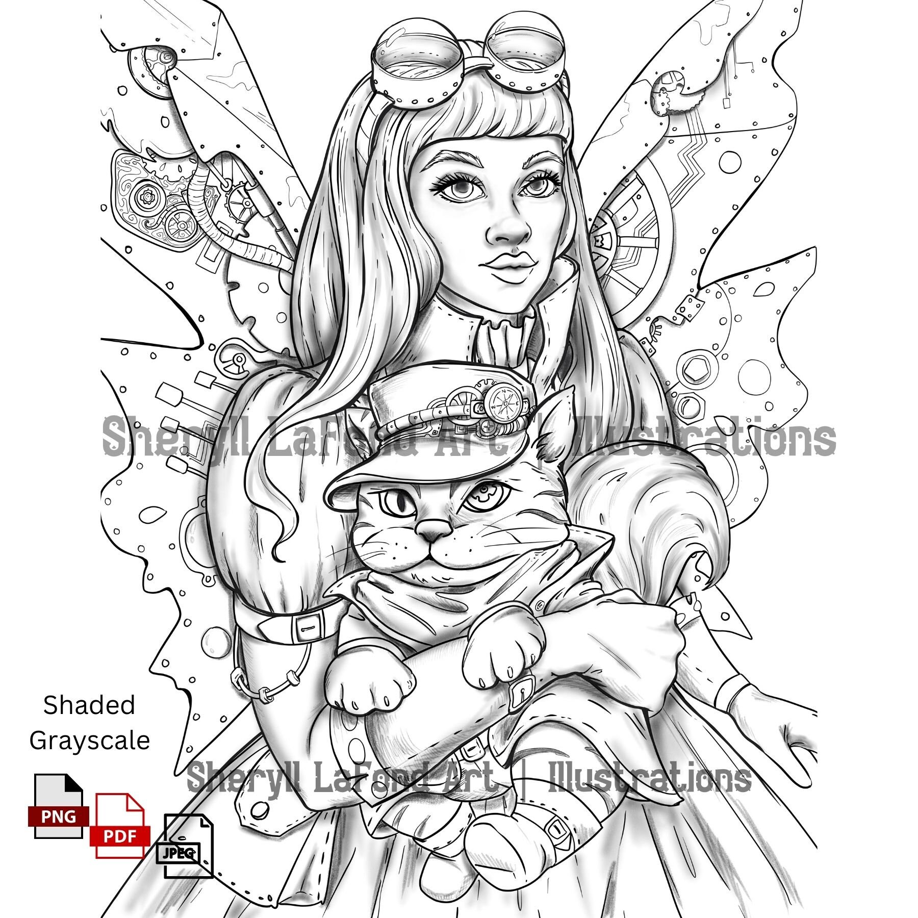 Steampunk Cat Lady Coloring Page | Steampunk Halloween 2023 Single ...