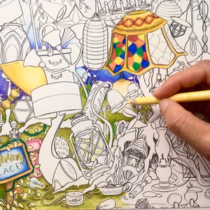 May include: A hand using a yellow coloured pencil to colour a detailed illustration of lamps and lanterns. The illustration features a sign that says "lighting PLACE". The lampshades are in various shapes and styles.