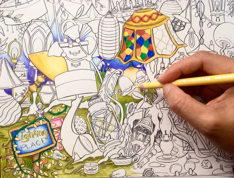 May include: A hand using a yellow coloured pencil to colour a detailed illustration of lamps and lanterns. The illustration features a sign that says "lighting PLACE". The lampshades are in various shapes and styles.
