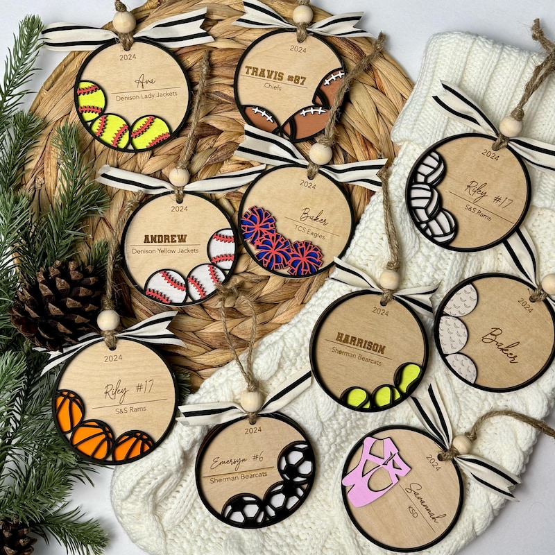 Personalized Sports Christmas Ornament Team Gift Soccer Volleyball Basketball Baseball Softball Tennis Basketball Football Cheer Lacrosse