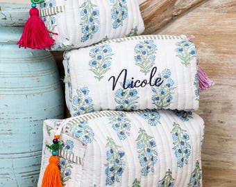 Quilted Cotton Makeup Bags, Cosmetic Bag for Women Personalized Christmas Gifts, Monogram Make Up Bag, Bridesmaid Gifts Toiletry Bag