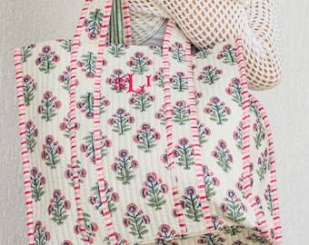White Elephant Christmas Gift for Her | Cotton Quilted Bag Women's Travel Bag | Handmade Shoulder Purse Large Floral | Block Print Tote Bag