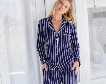 Blue Bridesmaid Pajamas Bridesmaid Gift  | Bridesmaid PJ sets | Bridesmaid shorts | Women Pajamas Striped Pajamas | Blue bridesmaid dress