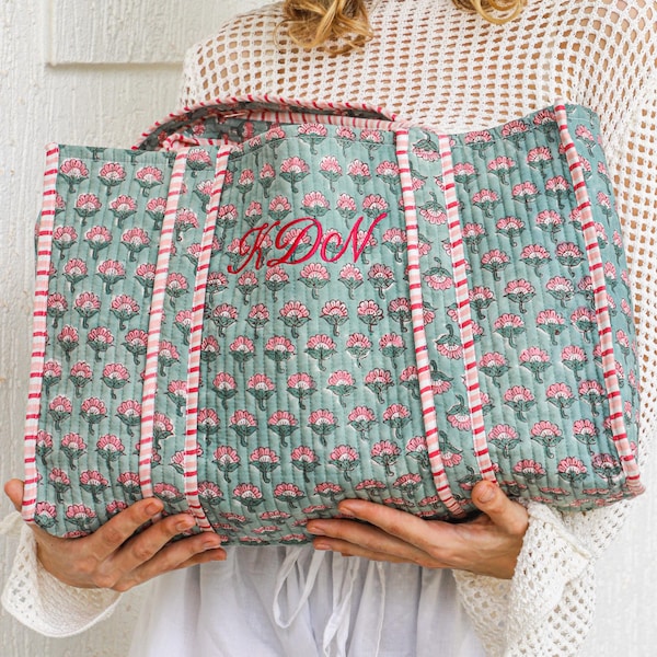 Embroidered Floral Block Print Tote, Quilted Cotton Travel Bag