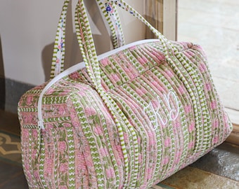 Borsone da viaggio con stampa a blocchi ricamata, borsa da viaggio trapuntata fatta a mano con monogramma