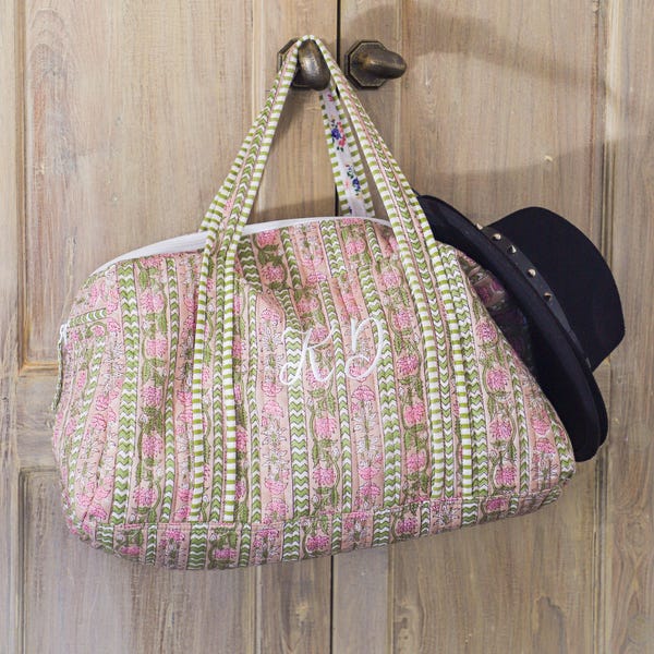Monogram Quilted Duffel Bag, Large Floral Block Print Weekender, Embroidered Travel Duffle Bag