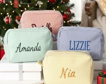 Monogrammed Seersucker Toiletry Bag: Custom Bridesmaid Makeup Bag