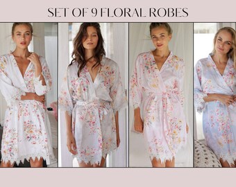 Set of 9 Bridesmaid Robes Silky Personalized Bridesmaid Gift Bridal Party Robes Floral Lace | Custom Bridal Robe Personalised