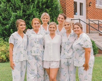 Hydrangea PJs Bridesmaid Pajamas Cotton Bachelorette Party PJs Blue Floral Bridesmaid Getting Ready Outfit On Cloud 9 Bachelorette