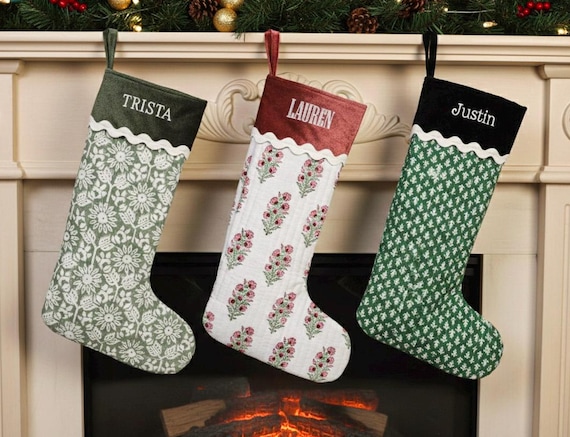 Personalized Quilted Christmas Stocking, Custom Block Print Holiday Stocking with Velvet Cuff Embroidered Name