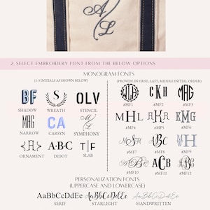 May include: Image detailing embroidery options, featuring monogram and personalization fonts. A sample monogram is shown at the top. Various font styles are displayed below, including Shadow, Wreath, and Serif, for customisation.