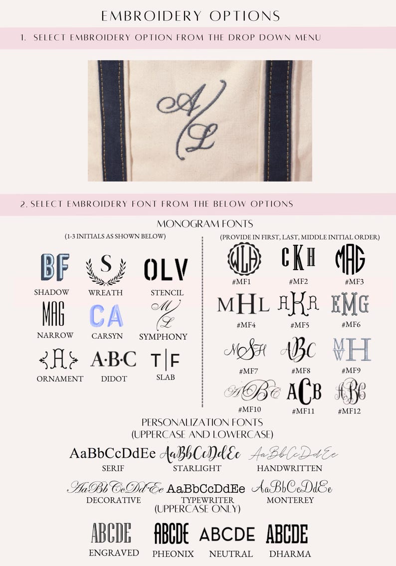 May include: Image detailing embroidery options, featuring monogram and personalization fonts. A sample monogram is shown at the top. Various font styles are displayed below, including Shadow, Wreath, and Serif, for customisation.