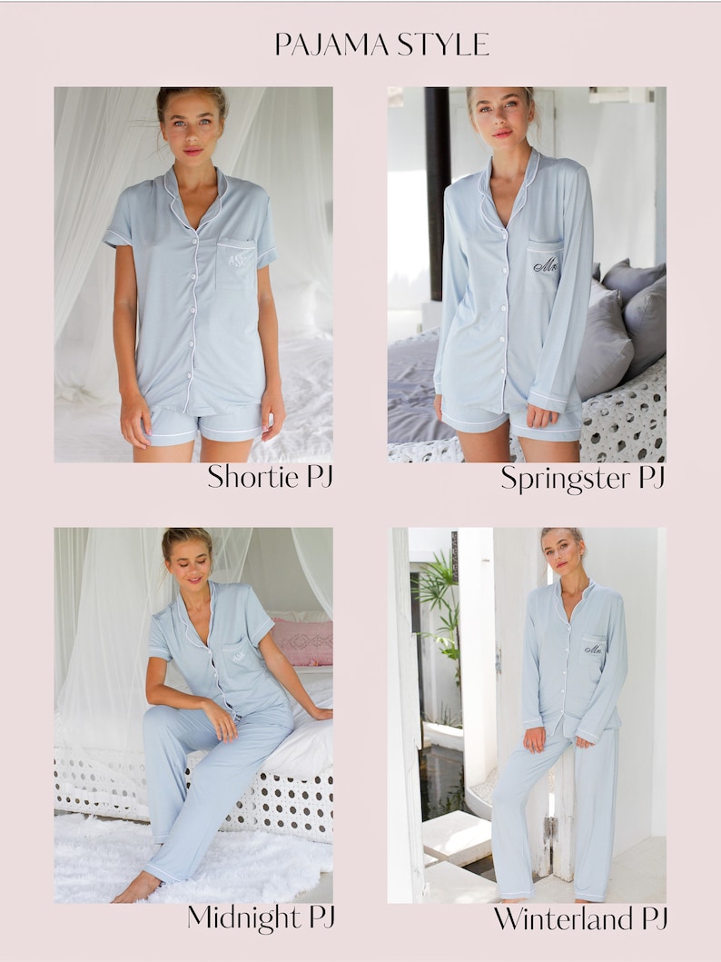 May include: Four different styles of light blue pajamas with white trim and embroidery. The pajamas are shown on models in various poses. The styles are called "Shortie PJ", "Springster PJ", "Midnight PJ", and "Winterland PJ".