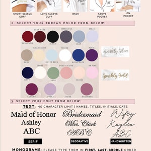 May include: A guide to embroidery options for clothing. The image shows different placement options for embroidery on a white shirt, including the short sleeve cuff, long sleeve cuff, back, above pocket, and on pocket. The image also shows a variety of thread colours, including burgundy, champagne, black, white, grey, plum, ecru, dusty blue, royal blue, ivory, dusty blush, baby pink, navy, sage, blush, sangria, opera, nude, and mulberry. The image also shows different font styles for embroidery, including serif, decorative, and handwritten. The image also shows different monogram styles, including ABC, ABc, AbC, aBc, ACB, and AcB.