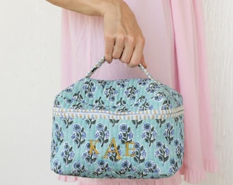 Monogram Quilted Train Case: Boho Floral Print, Personalized Cosmetic Bag