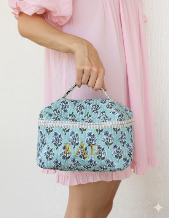 Monogram Quilted Train Case: Boho Floral Print, Personalized Cosmetic Bag
