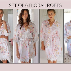 Set of 6 Bridesmaid Robes Silky Personalized Bridesmaid Gift Bridal Party Robes Floral Lace | Custom Bridal Robe Personalised
